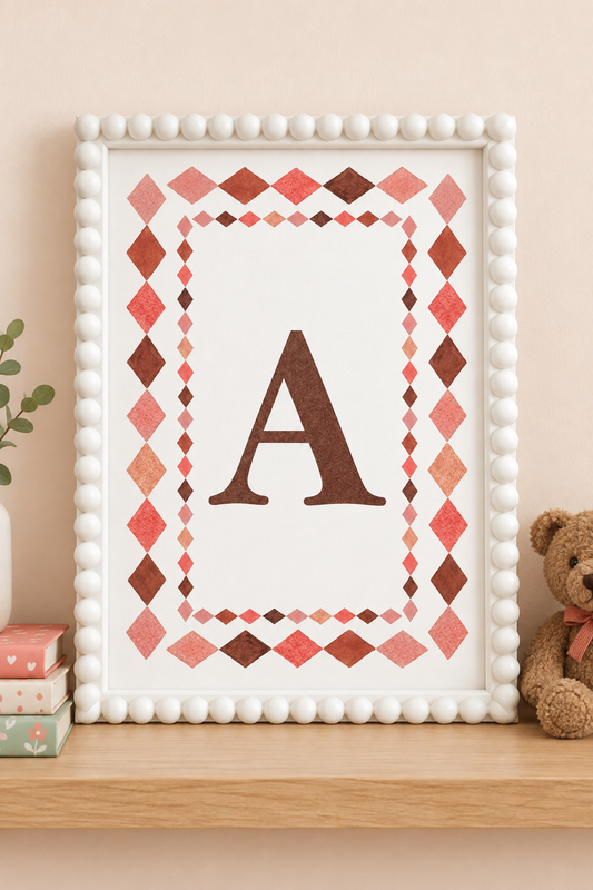 A framed personalized art print featuring a large brown letter 'A' centered within a patterned border of red, pink, and brown diamonds, displayed on a wooden shelf next to a teddy bear and decorative boxes.