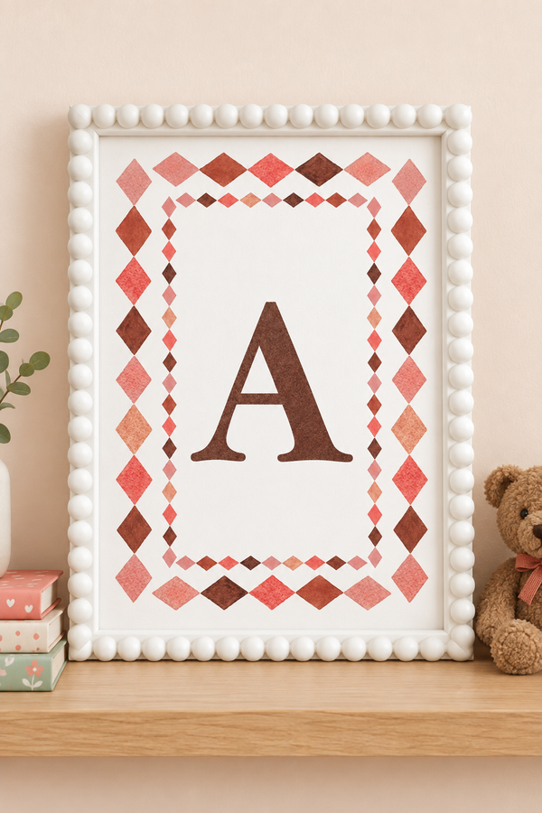 A framed personalized art print featuring a large brown letter 'A' centered within a patterned border of red, pink, and brown diamonds, displayed on a wooden shelf next to a teddy bear and decorative boxes.