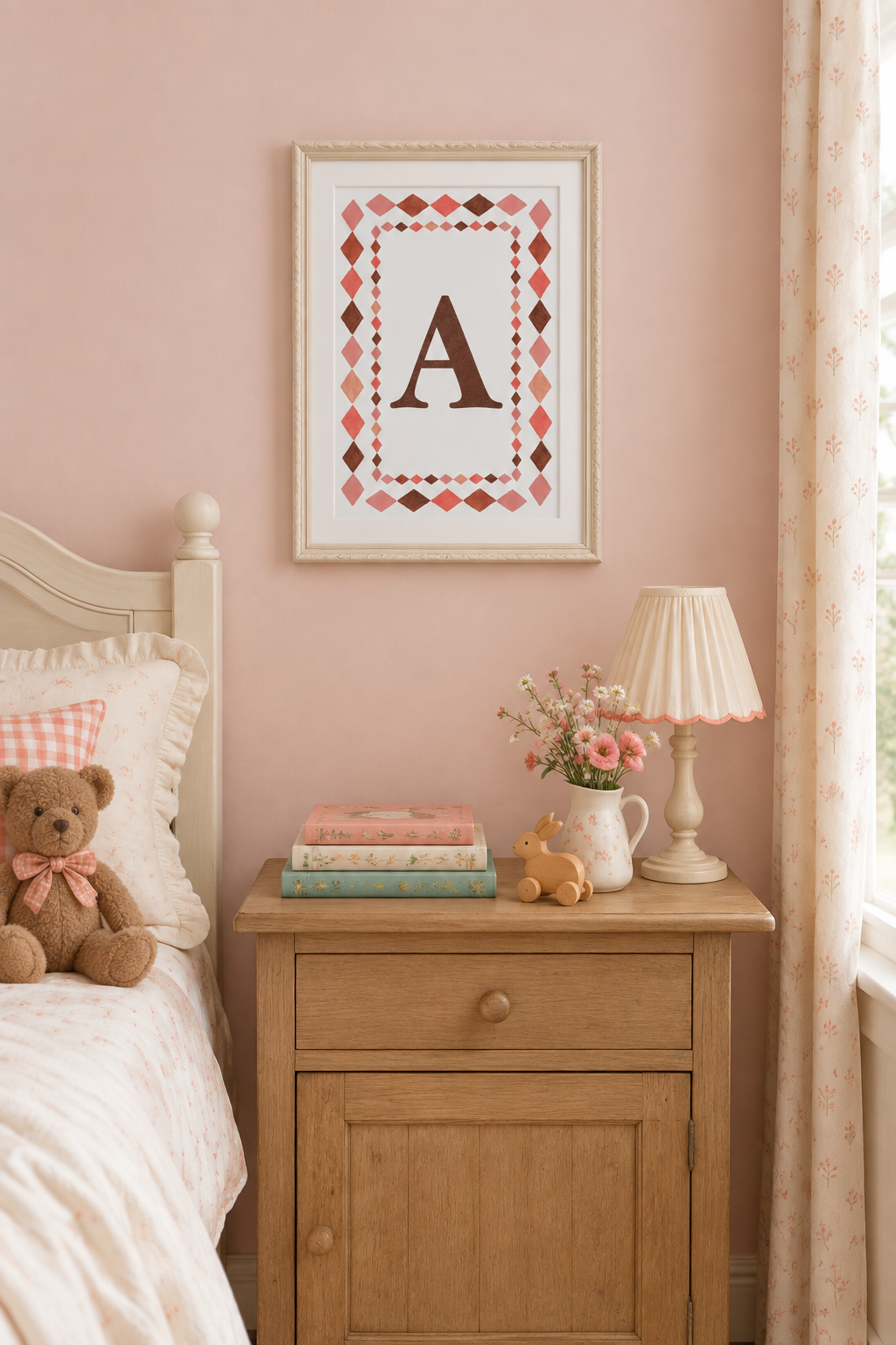 A framed personalized nursery art print featuring a brown letter 'A' inside an argyle diamond border in shades of pink, red, and brown, hanging on a dusty pink wall above a wooden nightstand with a lamp and teddy bear.