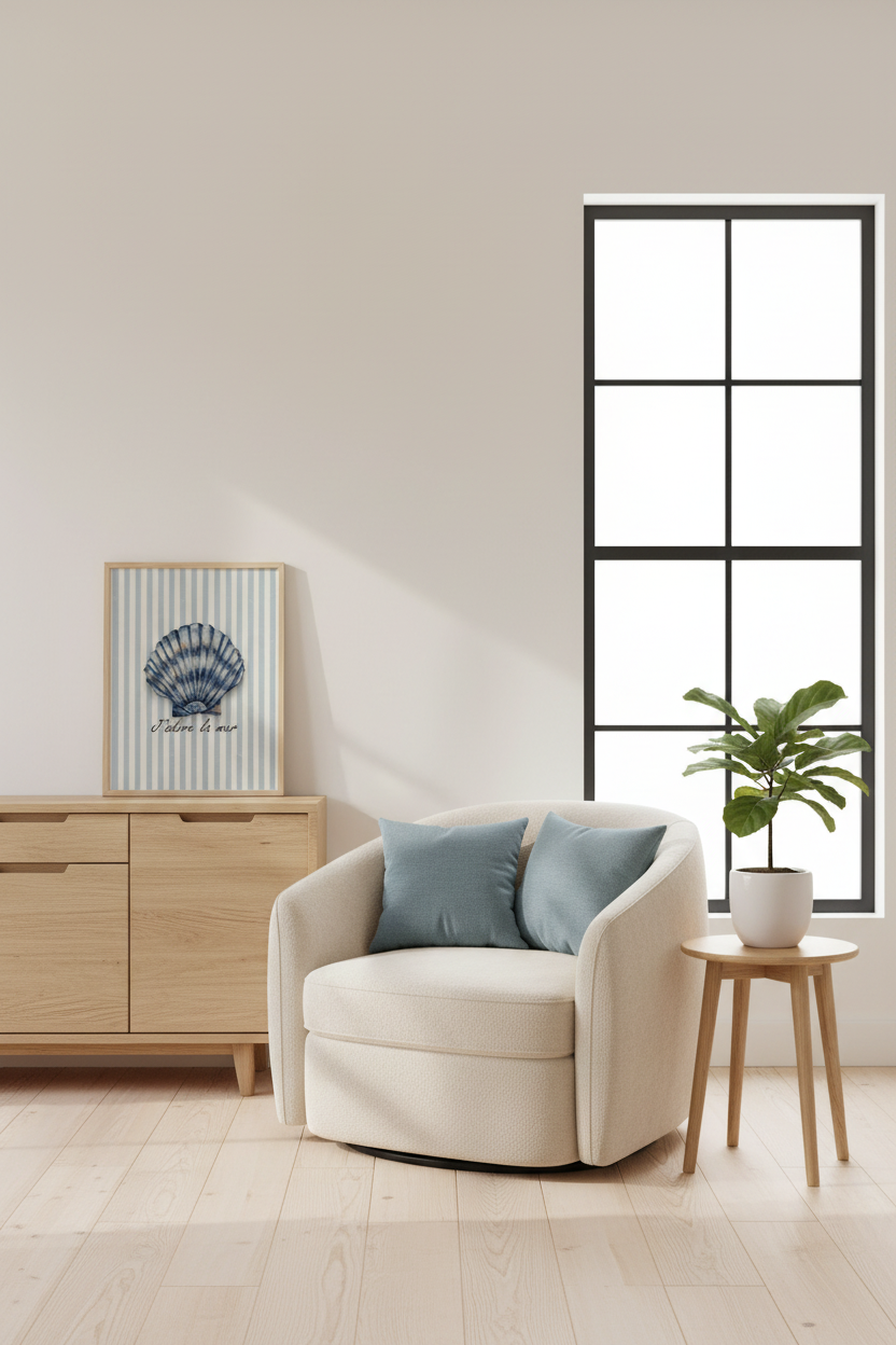 A cream-colored upholstered armchair with two light blue pillows, styled in a bright, modern room next to a small wooden side table with a potted plant and a light wood cabinet with framed shell art.