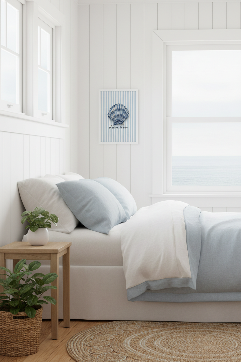 A bright, coastal-style bedroom with a bed dressed in white and pale blue bedding, a small wooden side table with a potted plant, and a framed blue-and-white seashell print on the wall above the bed.