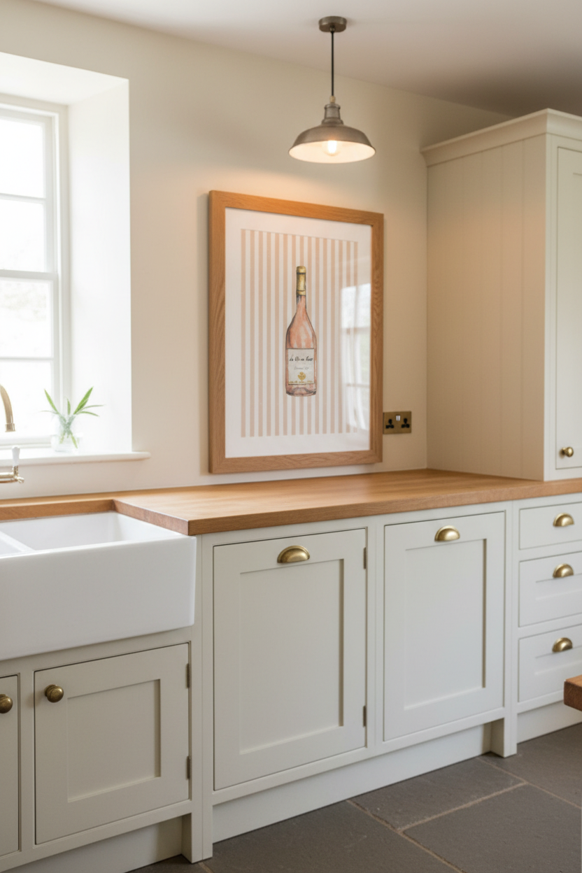 A kitchen interior with white shaker-style cabinets, a light wood countertop, a white farmhouse sink, and a framed wall print above the counter.