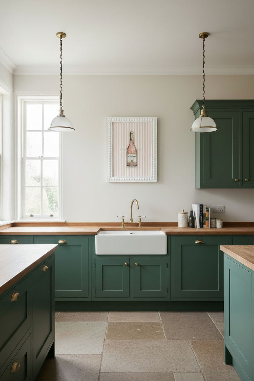 A modern kitchen featuring deep green shaker-style cabinets with light wood countertops, a white farmhouse sink, and two pendant lights hanging above the counter.