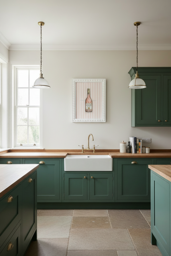 A modern kitchen featuring deep green shaker-style cabinets with light wood countertops, a white farmhouse sink, and two pendant lights hanging above the counter.