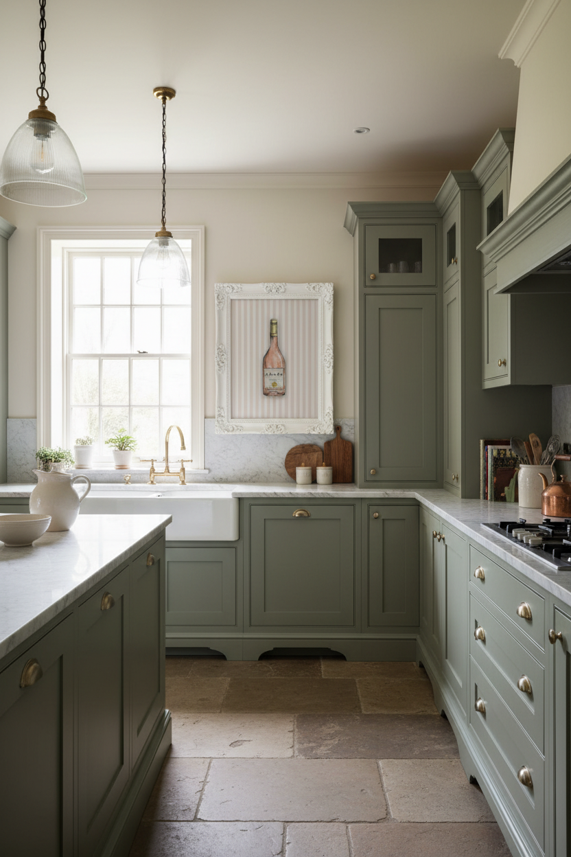A classic kitchen interior featuring sage green cabinets, a white farmhouse sink, stone tile flooring, and brass hardware.