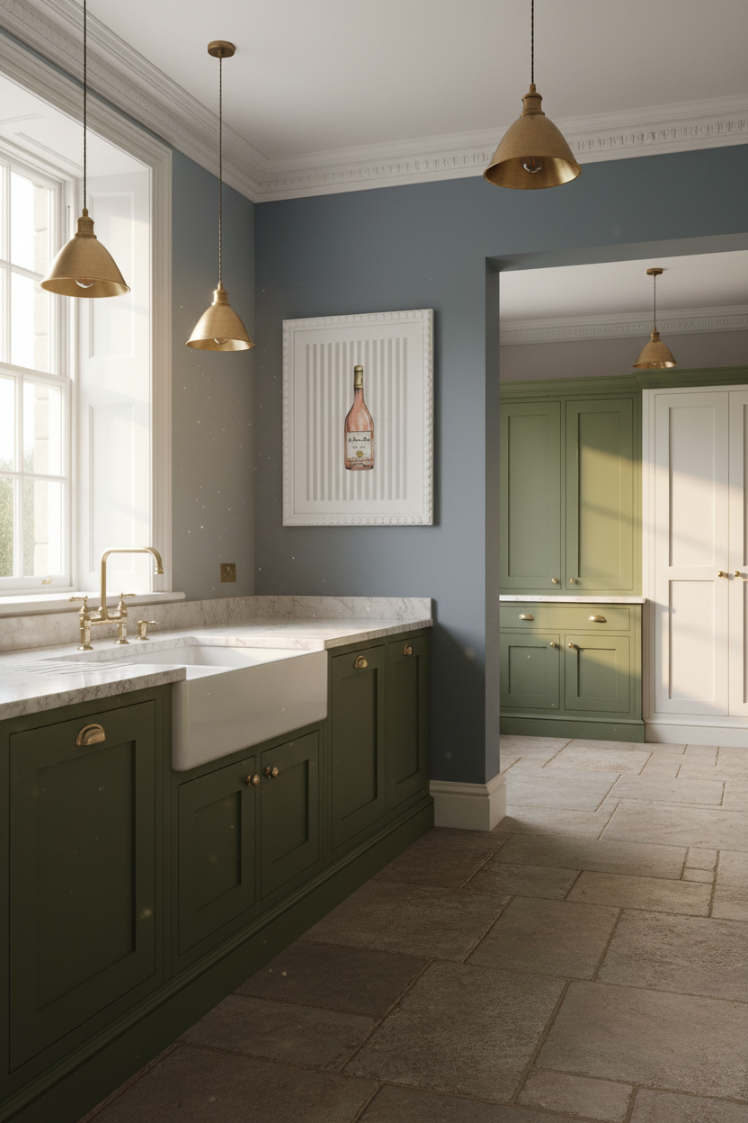 A styled kitchen interior with dark green cabinetry, a white farmhouse sink, stone tile flooring, blue-gray walls, and brass pendant lights.