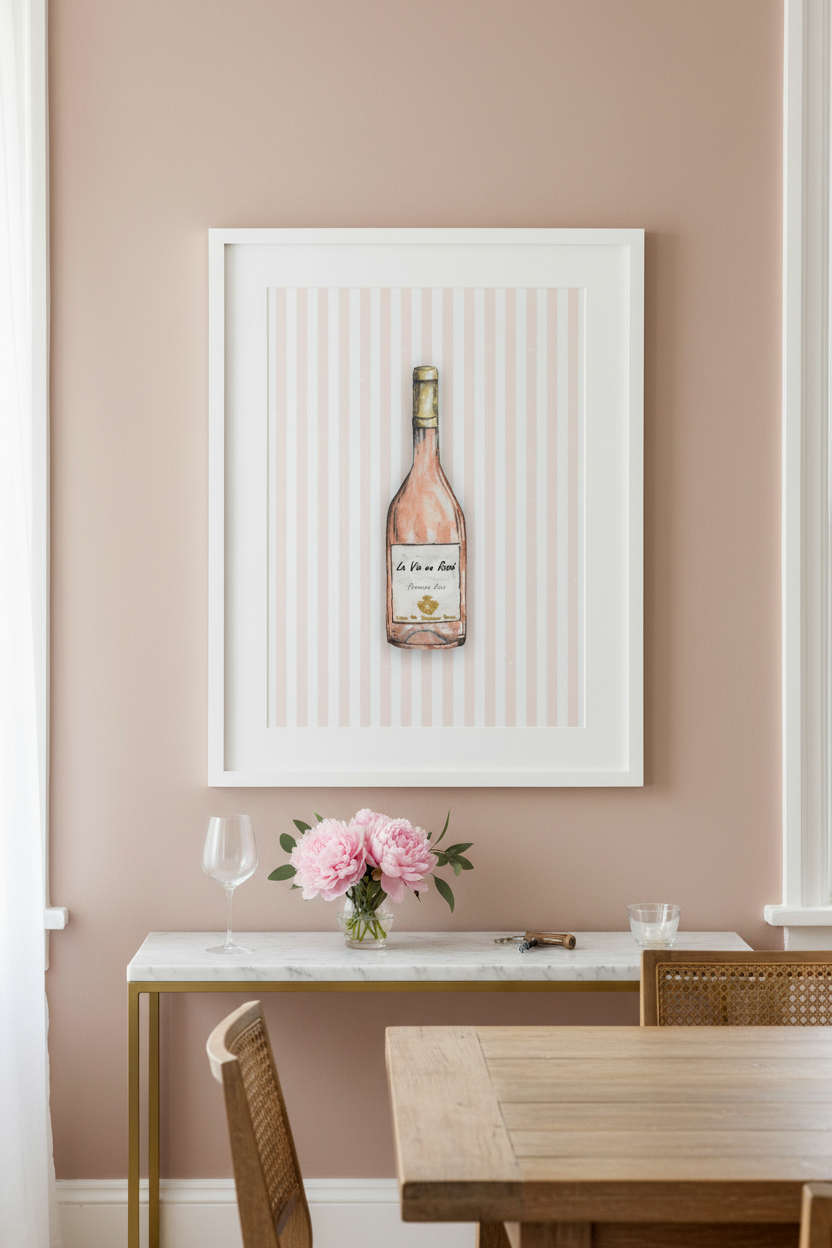 A framed wall art print featuring a pink wine bottle on a white striped background, displayed in a dining room setting above a console table with a vase of pink flowers.