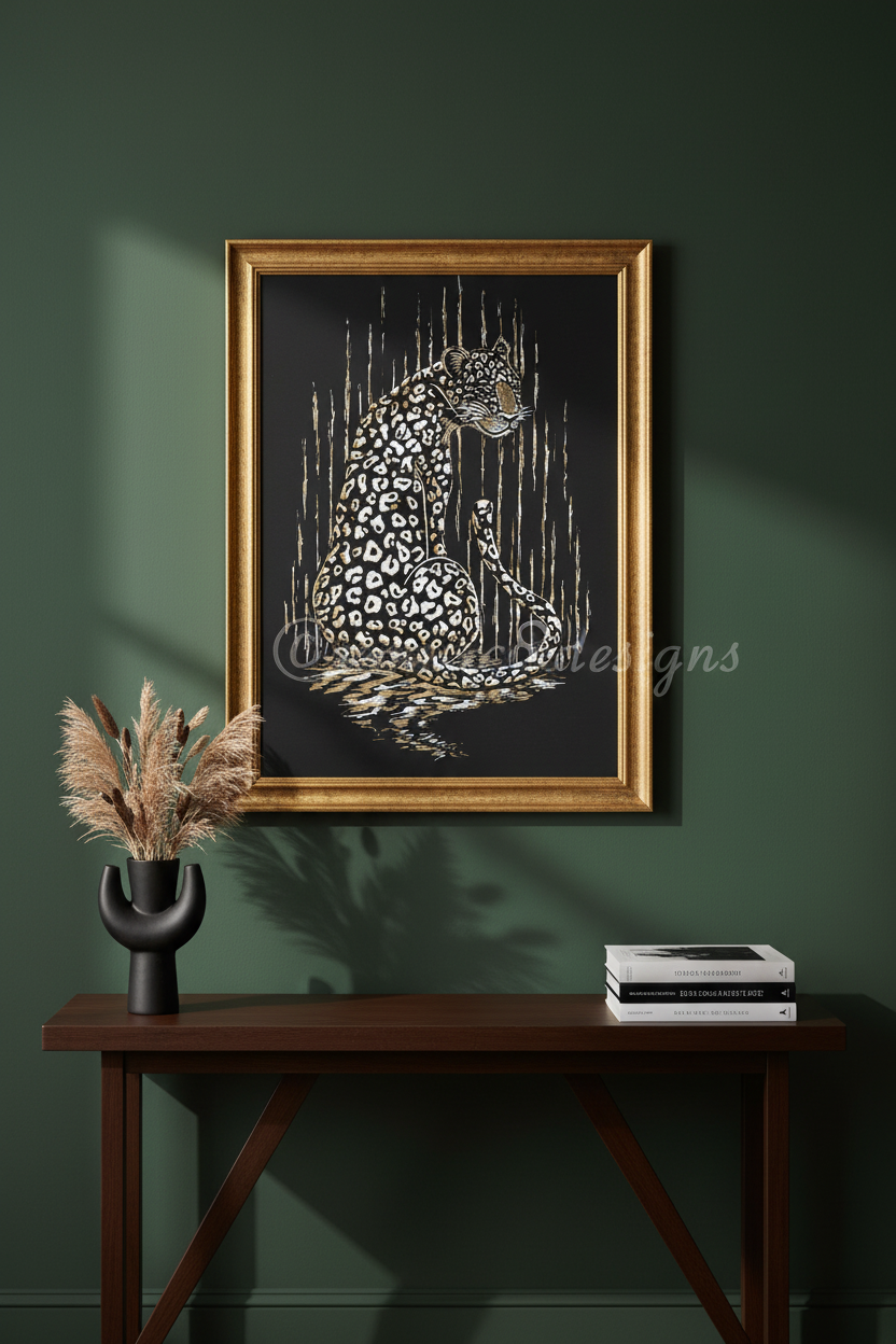Framed wall art featuring a spotted leopard illustration in white and gold on a black background, displayed above a dark wood console table against a deep green wall.