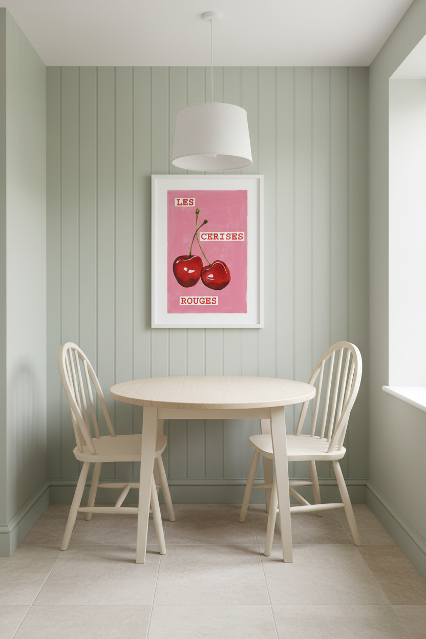 A framed art print featuring red cherries on a pink background with french text, displayed on a sage green paneled wall above a light wood dining table and two matching chairs.