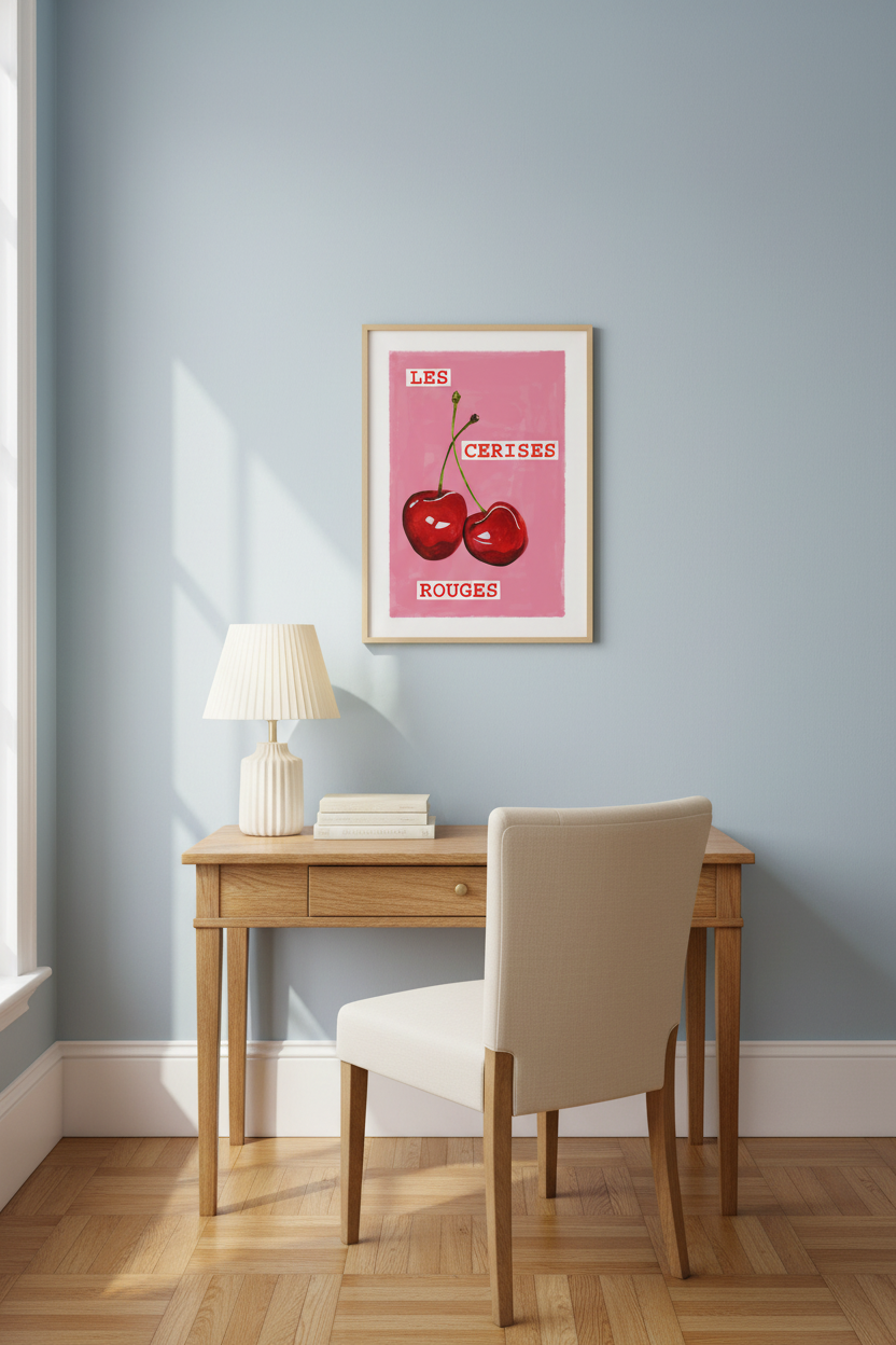 LES CERISES ROUGES pink cherry art print in a pale oak frame, styled above a vintage desk in a fresh powder-blue home study.