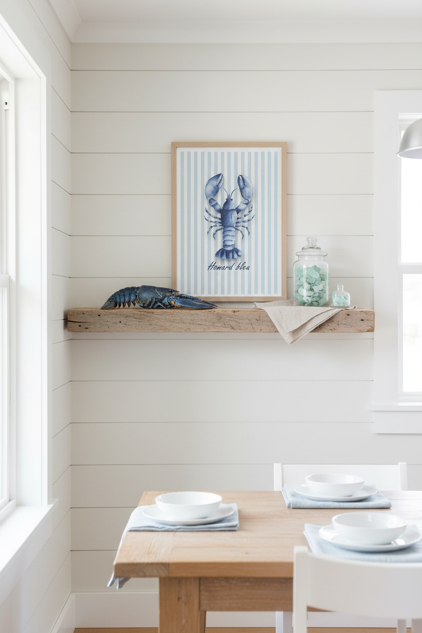 A framed blue lobster art print with vertical stripes hangs on a white shiplap wall above a rustic wooden floating shelf. The shelf holds a blue lobster figurine and a glass jar, with a light wood dining table and white chairs below.