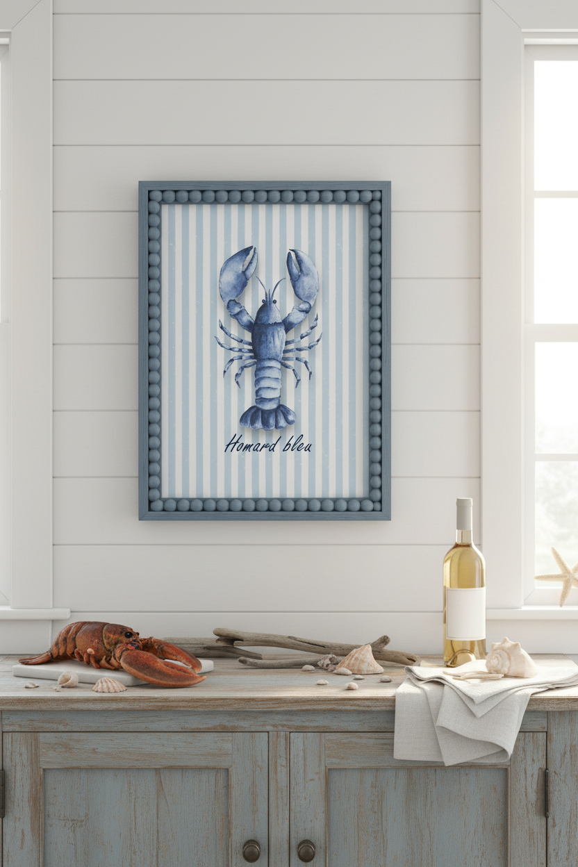 A framed lobster art print hangs on a white shiplap wall above a rustic blue-gray cabinet. The print features a blue lobster on light blue and white vertical stripes with the words 'Homer Simpson' below.
