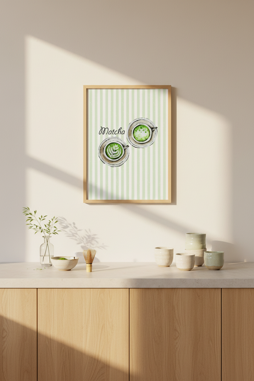 A framed wall art print featuring a green and white striped background with two illustrated matcha cups and the word 'Matcha' in script, displayed above a light wood counter in a softly lit interior.