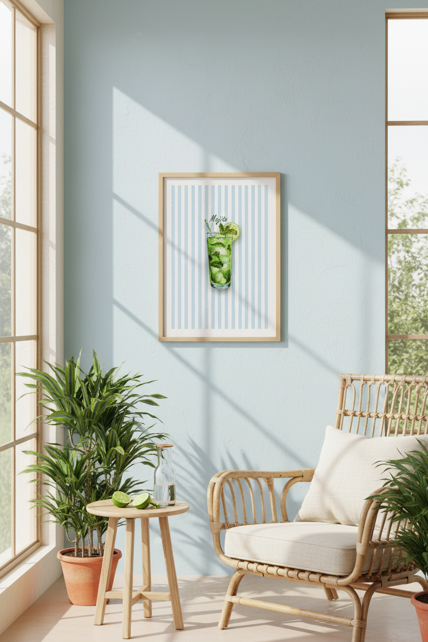 A framed art print featuring a green cocktail on a striped background, hanging on a light blue wall in a sunlit room with a rattan chair, plants, and a small wooden side table.