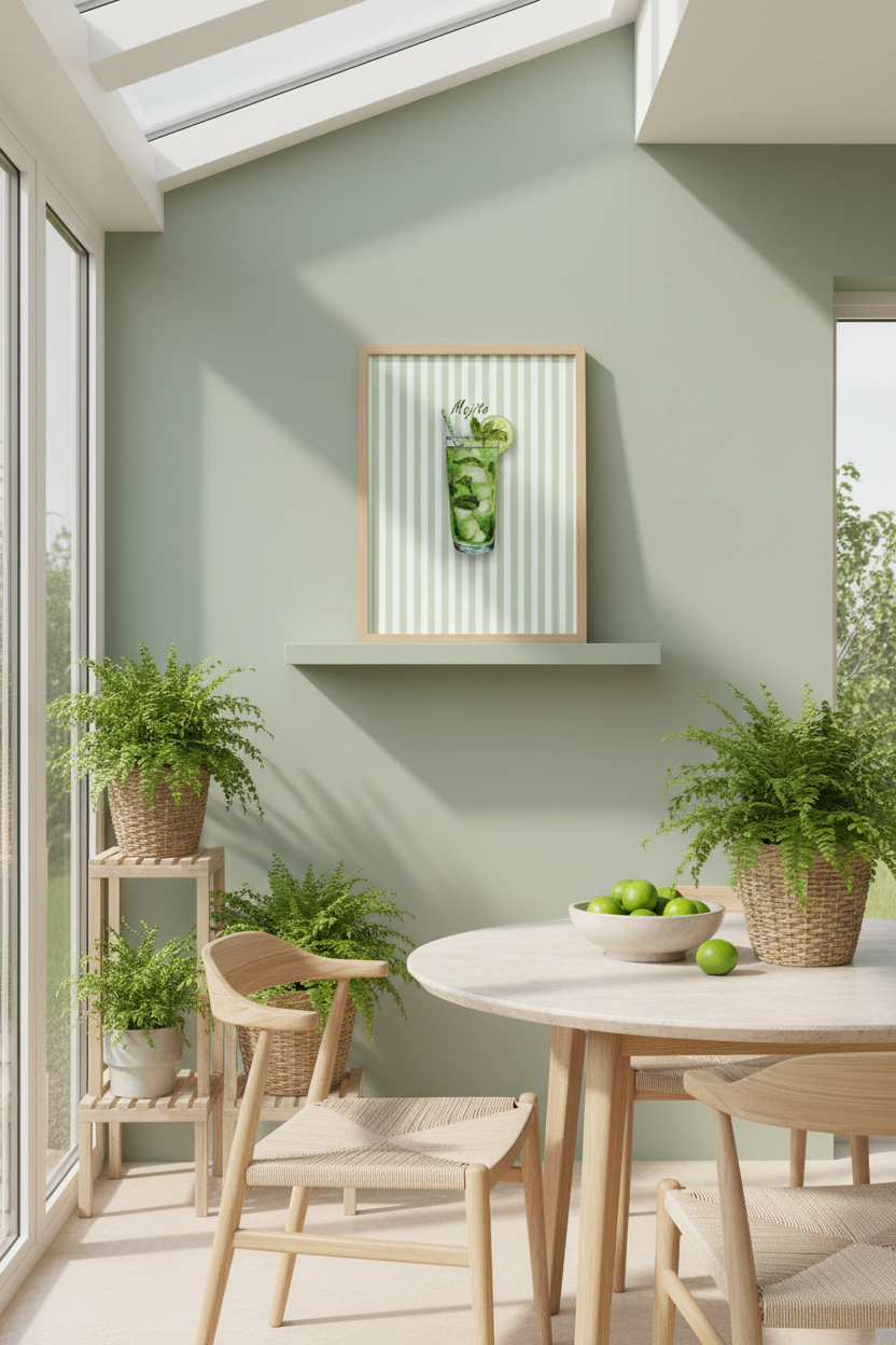 A styled interior corner with a pale sage green wall, a framed vertical print of a green cocktail on striped paper, a floating shelf, potted ferns on wooden stands, a round white dining table, and light wood chairs.