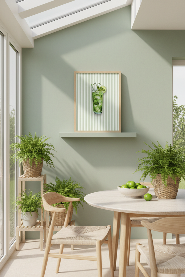 A styled interior corner with a pale sage green wall, a framed vertical print of a green cocktail on striped paper, a floating shelf, potted ferns on wooden stands, a round white dining table, and light wood chairs.