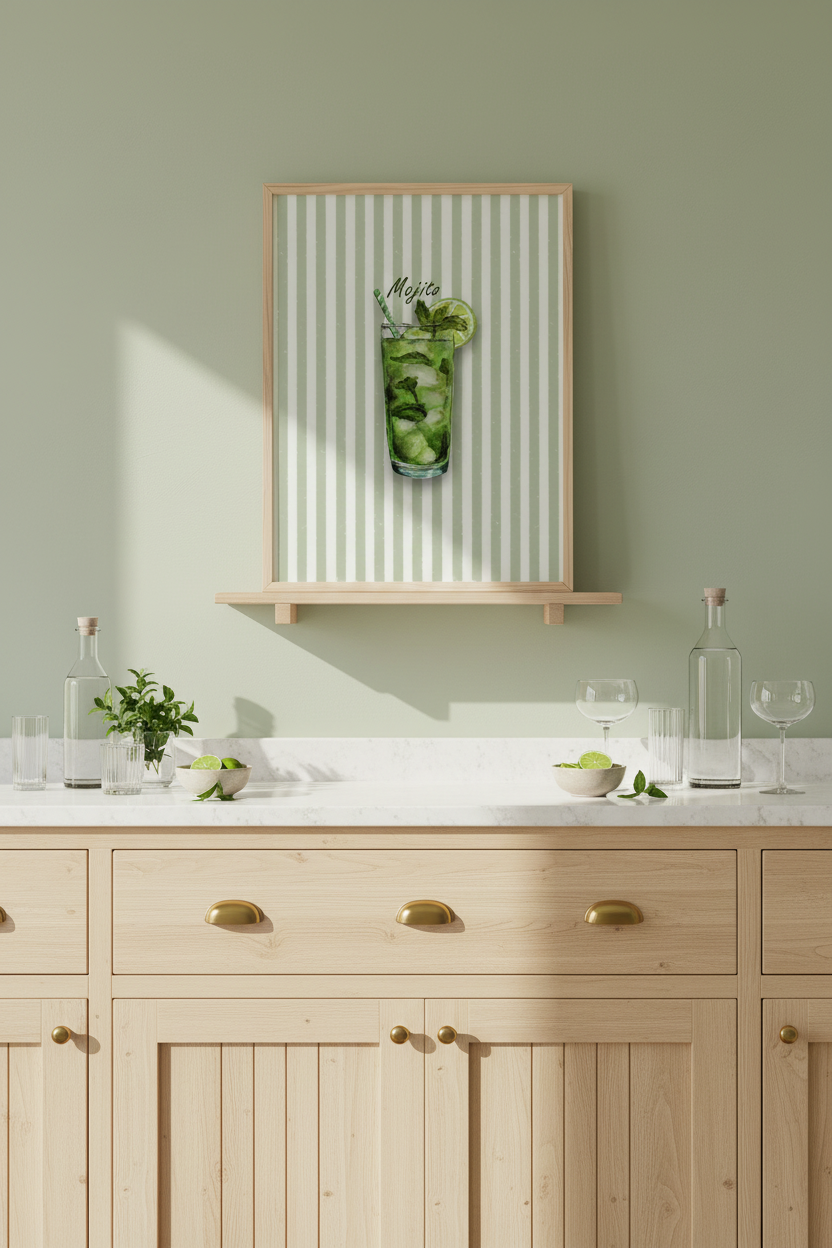 A framed wall art print featuring a green cocktail on a white striped background, mounted on a light wood shelf above a pale wood kitchen counter with brass handles.