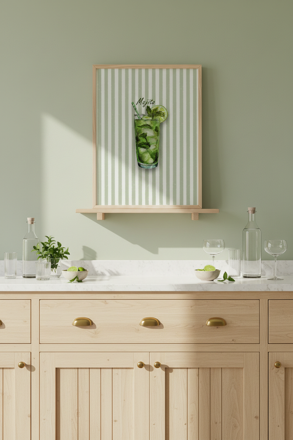 A framed wall art print featuring a green cocktail on a white striped background, mounted on a light wood shelf above a pale wood kitchen counter with brass handles.