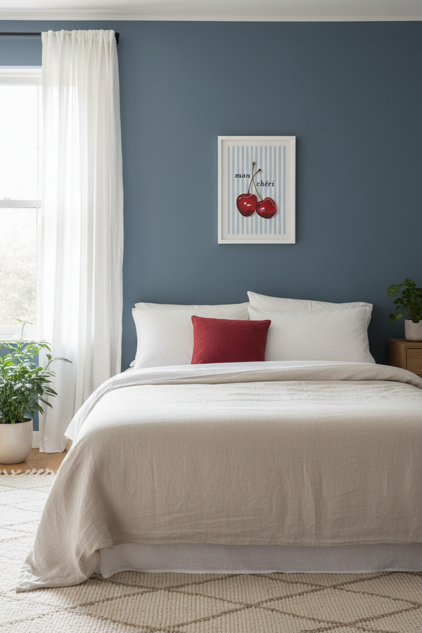 A styled bedroom featuring a bed with white linens and a single red accent pillow, set against a slate blue wall with a framed cherry print. White sheer curtains hang on the left, and potted plants sit on the floor.