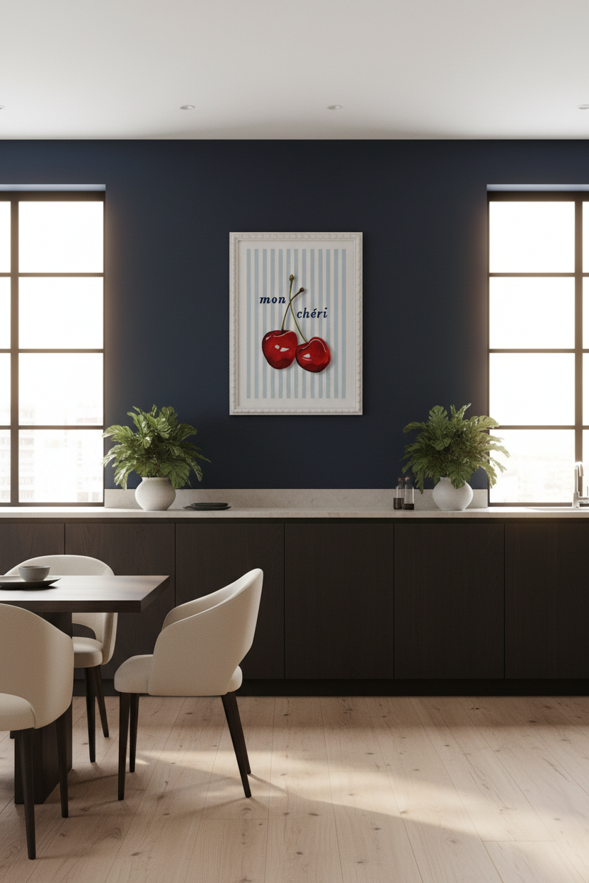 A framed wall art print featuring two red cherries on a white and light blue striped background with the text 'mon cheri', displayed in a modern dining room setting against a dark navy blue wall.
