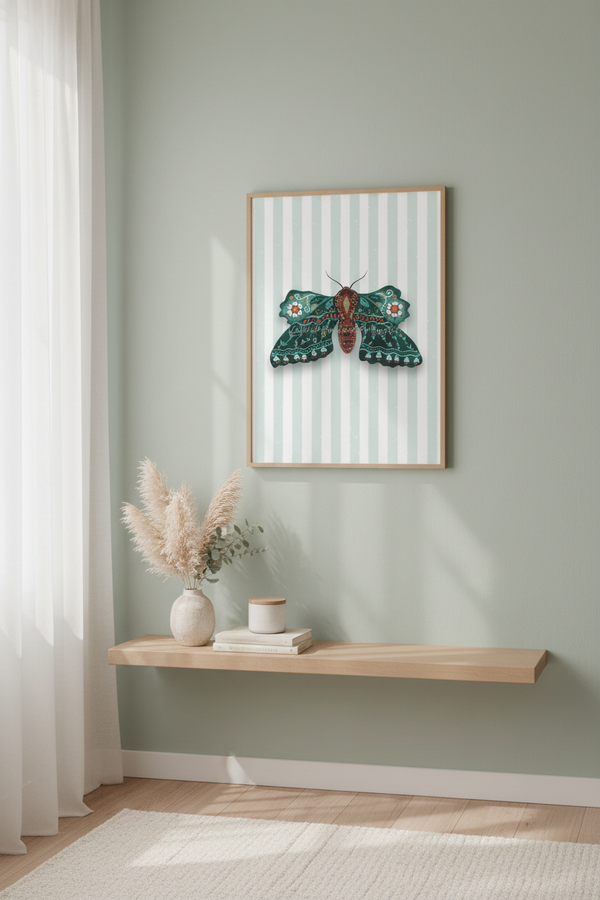 Framed wall art featuring a green moth on a white and pale blue striped background, displayed above a light wood floating shelf in a softly lit room with a curtain, vase, and books.