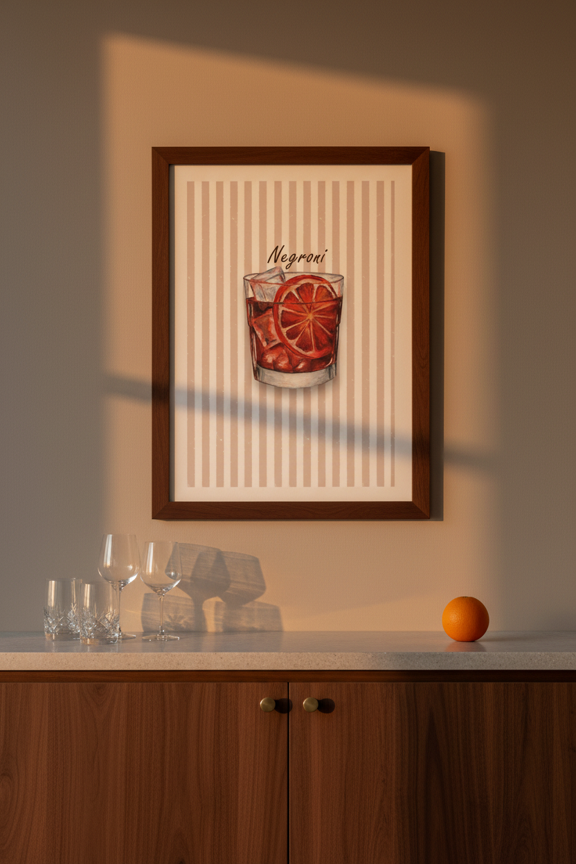 A framed wall art print featuring a cocktail glass illustration with the word 'Negroni' above it, displayed above a wooden counter in a warm, sunlit interior setting.