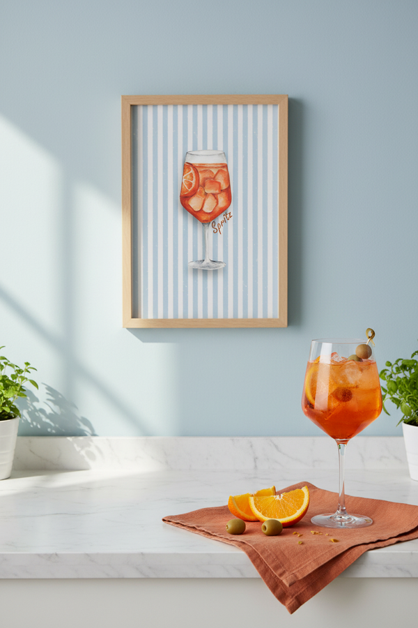 A framed art print featuring a watercolor illustration of an orange cocktail on a blue and white striped background, hanging on a light blue wall above a marble counter with a matching orange cocktail and citrus slices in the foreground.