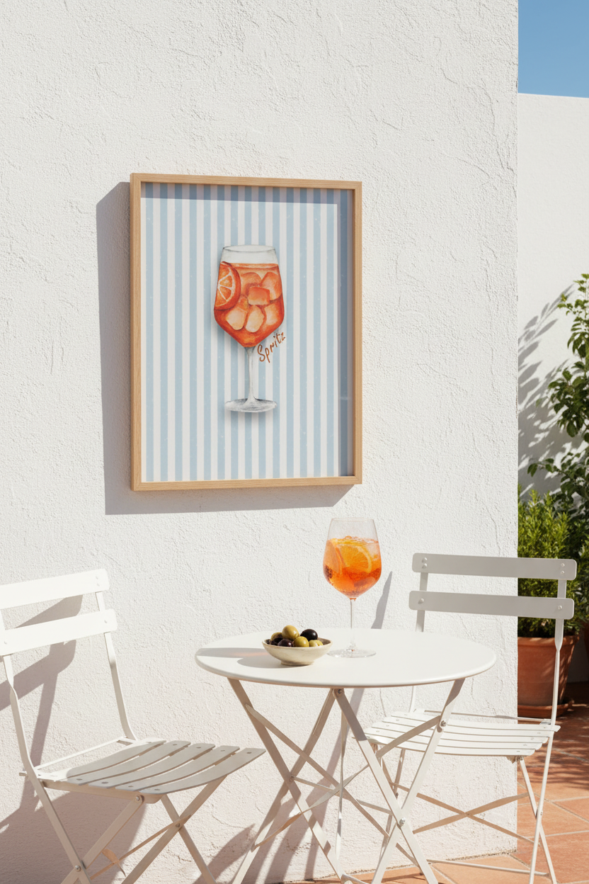 A framed art print featuring a watercolor illustration of an orange cocktail on a light blue and white striped background, hanging on a white stucco wall above a white outdoor bistro table and chairs.
