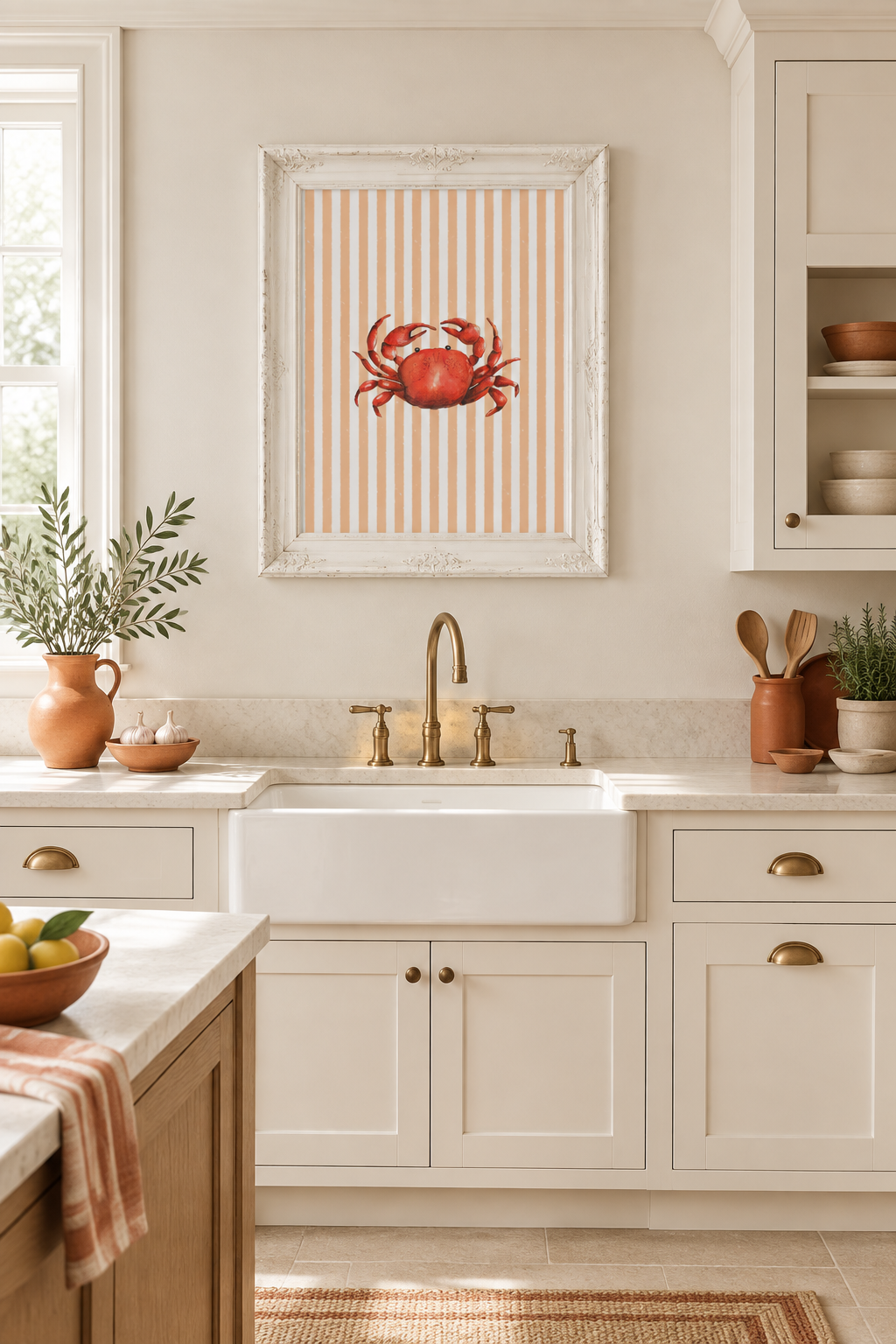 A framed art print featuring a red crab on peach and cream vertical stripes, displayed on a beige wall in a bright, modern kitchen above a white farmhouse sink.