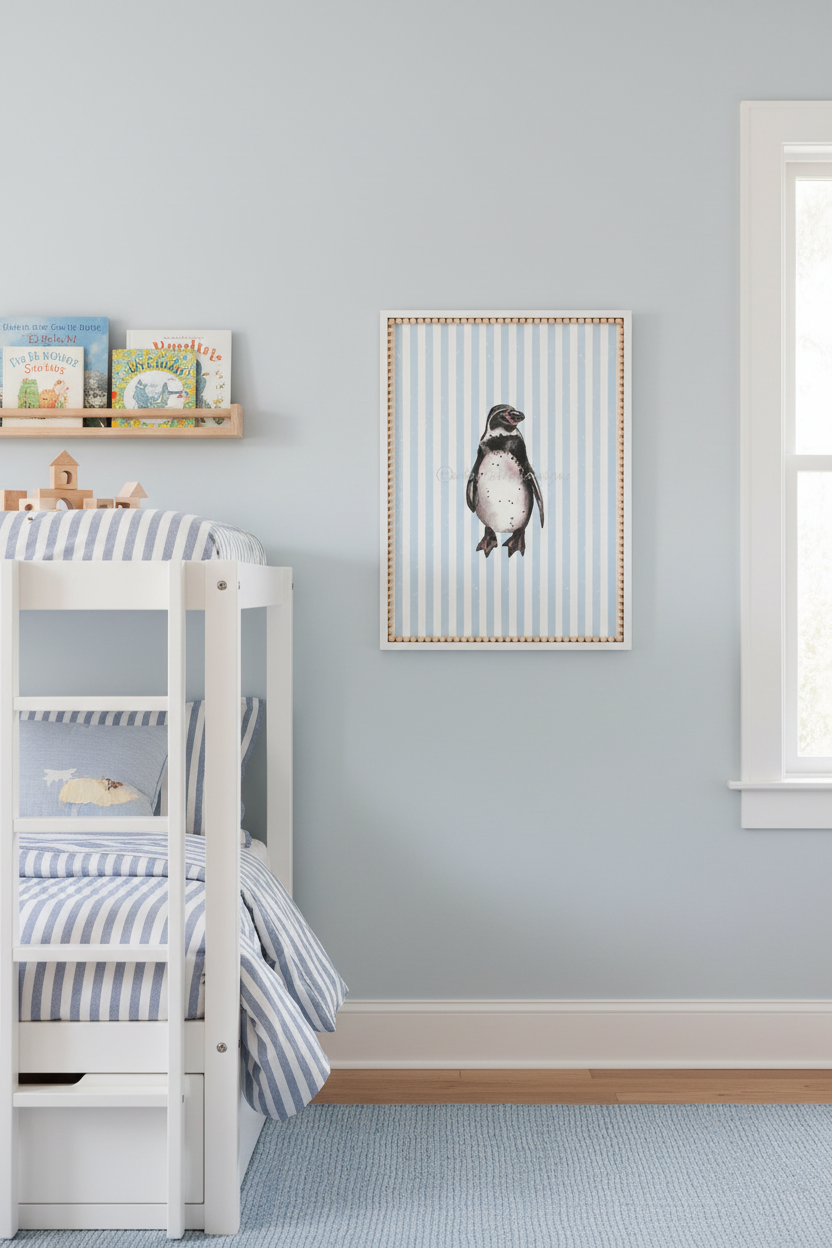 A framed vertical art print of a penguin on blue and white striped paper, hanging on a light blue-gray wall in a styled children's bedroom with a white bunk bed and blue striped bedding.