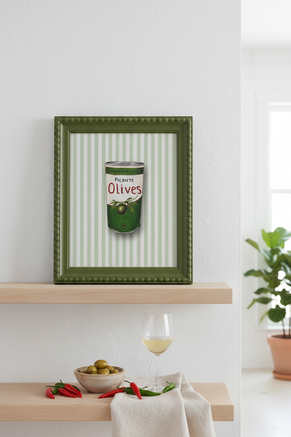 A framed art print featuring a vintage-style can of 'Dilante Olives' on a white background with light green vertical stripes, styled on a wooden shelf in a bright kitchen setting.