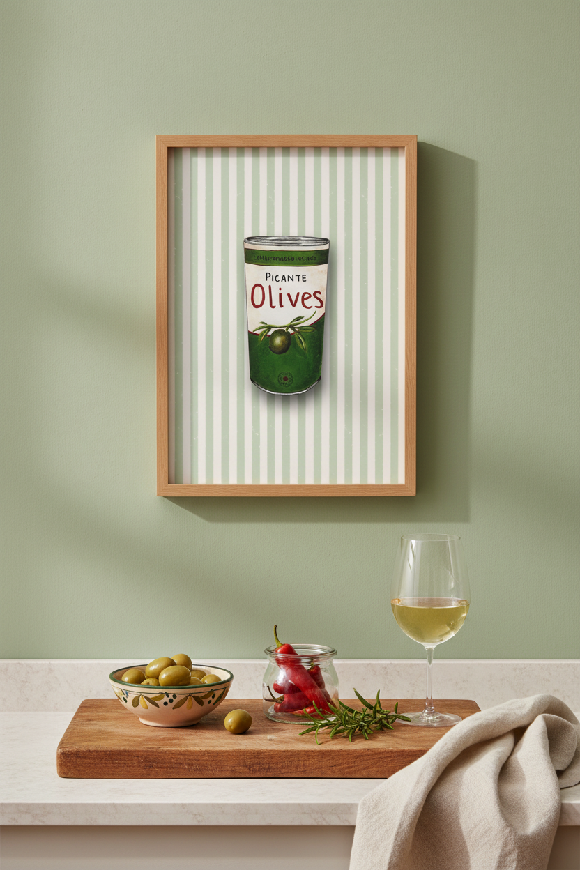 Picante Olives watercolour art print in a natural wood frame, hung on a sage green wall above a wooden board styled with olives, a glass of white wine and a linen cloth, in a contemporary kitchen setting.