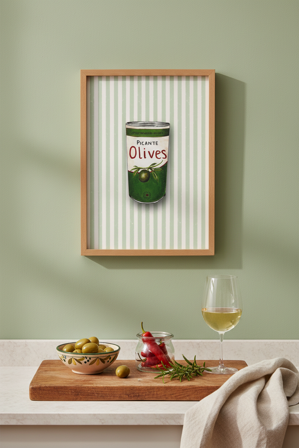 Picante Olives watercolour art print in a natural wood frame, hung on a sage green wall above a wooden board styled with olives, a glass of white wine and a linen cloth, in a contemporary kitchen setting.