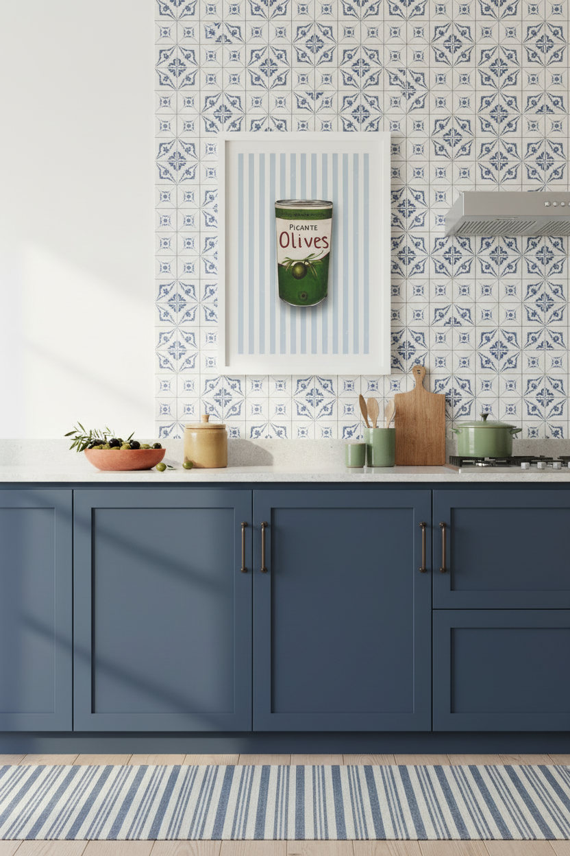 A styled kitchen interior featuring a blue cabinet base with brass handles, a white countertop, patterned blue-and-white wallpaper, a striped rug, and a framed print of an olive can hanging on the wall.