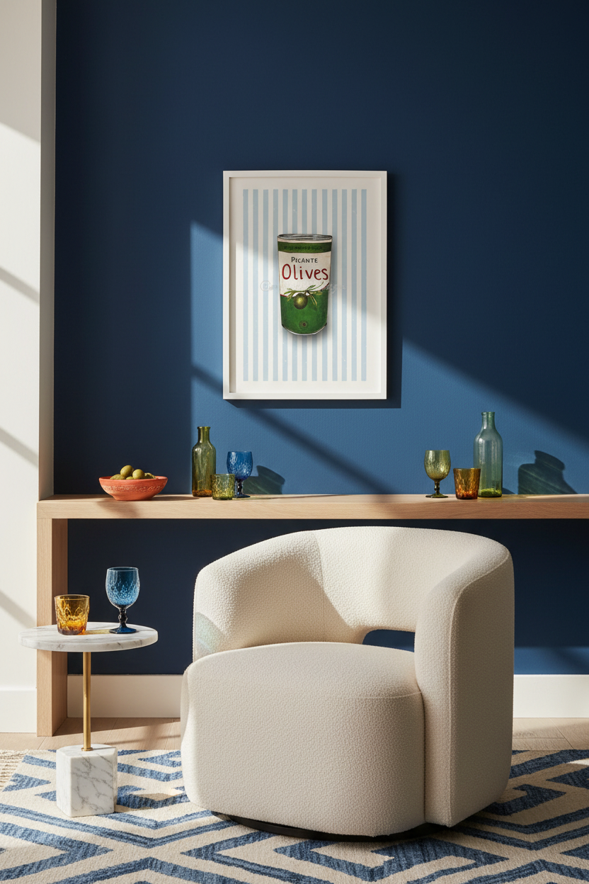 A framed art print featuring a green can of olives on a blue and white striped background, displayed on a dark blue wall above a light wood console table. The room is styled with a cream-colored accent chair, a small marble side table, and a blue and white patterned rug.