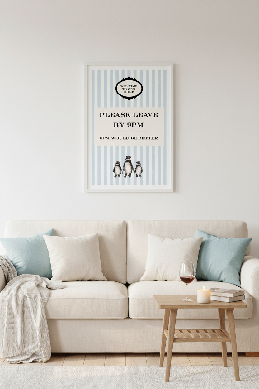 A framed vertical wall art print with light blue and white stripes and black text reading 'PLEASE LEAVE BY 9PM' hangs above a cream sofa in a bright living room. The print features small penguin illustrations at the bottom.