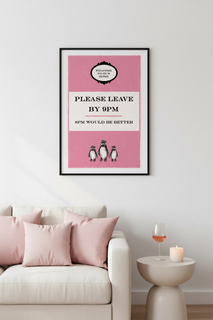 A framed art print with a pink and white design featuring penguins and the text 'PLEASE LEAVE BY 9PM' is displayed on a white wall above a beige sofa with pink pillows in a modern living room setting.