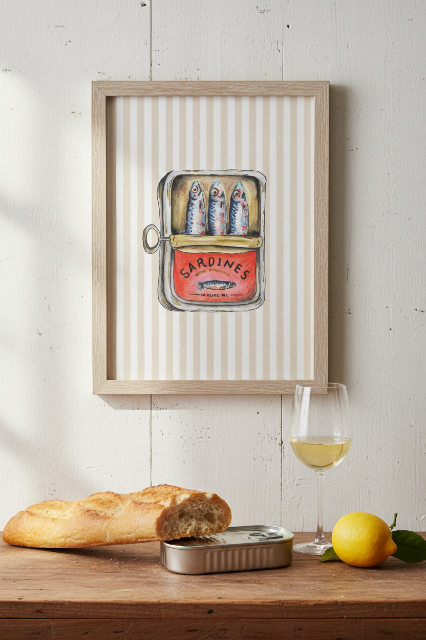 Framed wall art featuring a vintage-style illustration of sardines in an open tin, hung on a white paneled wall above a wooden table with bread, a glass of white wine, and a lemon.