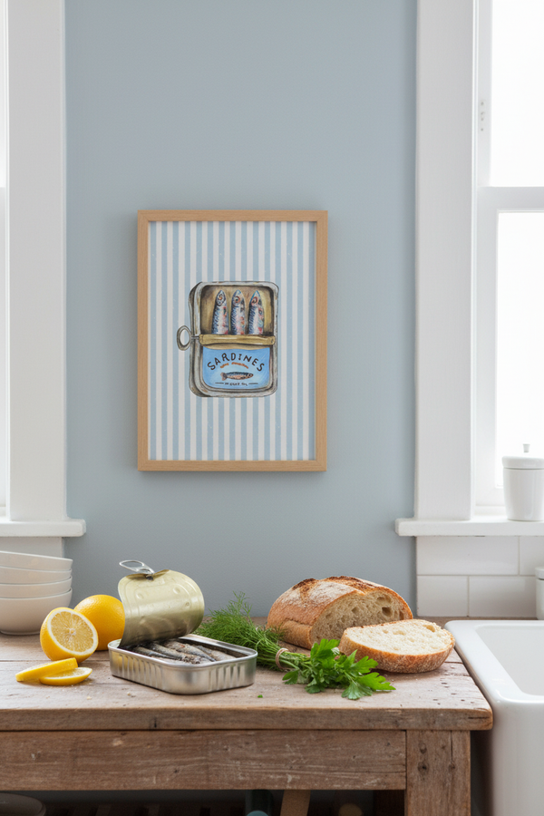 A framed art print featuring a vintage tin of Sardines on a blue and white striped background, hanging on a light blue-gray wall in a bright kitchen above a wooden table with bread, lemons, and a can of tuna.