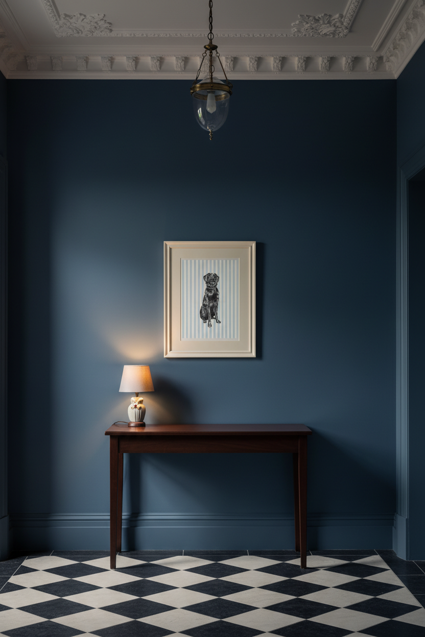 A styled interior corner with a deep blue wall, a dark wood console table, a lit table lamp, framed wall art, a hanging glass pendant light, and a black-and-white diamond-pattern floor.