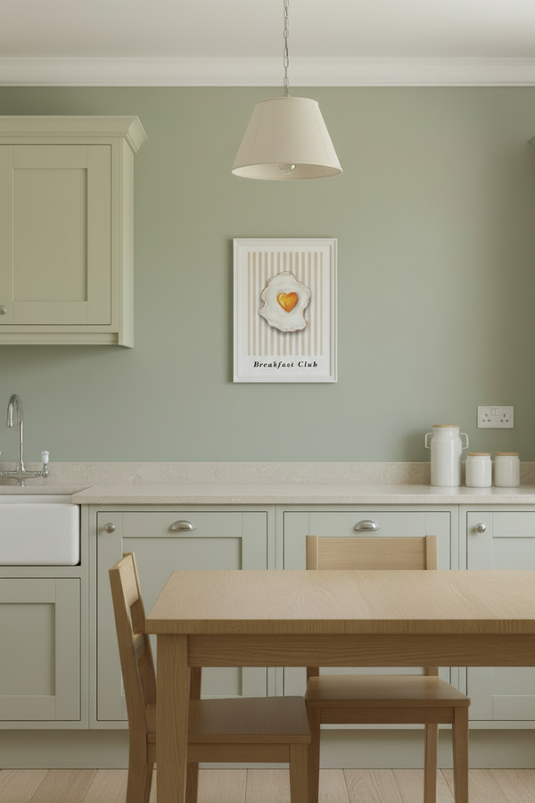 A framed art print featuring a breakfast club illustration hangs on a sage green kitchen wall above a light wood dining table and chairs.