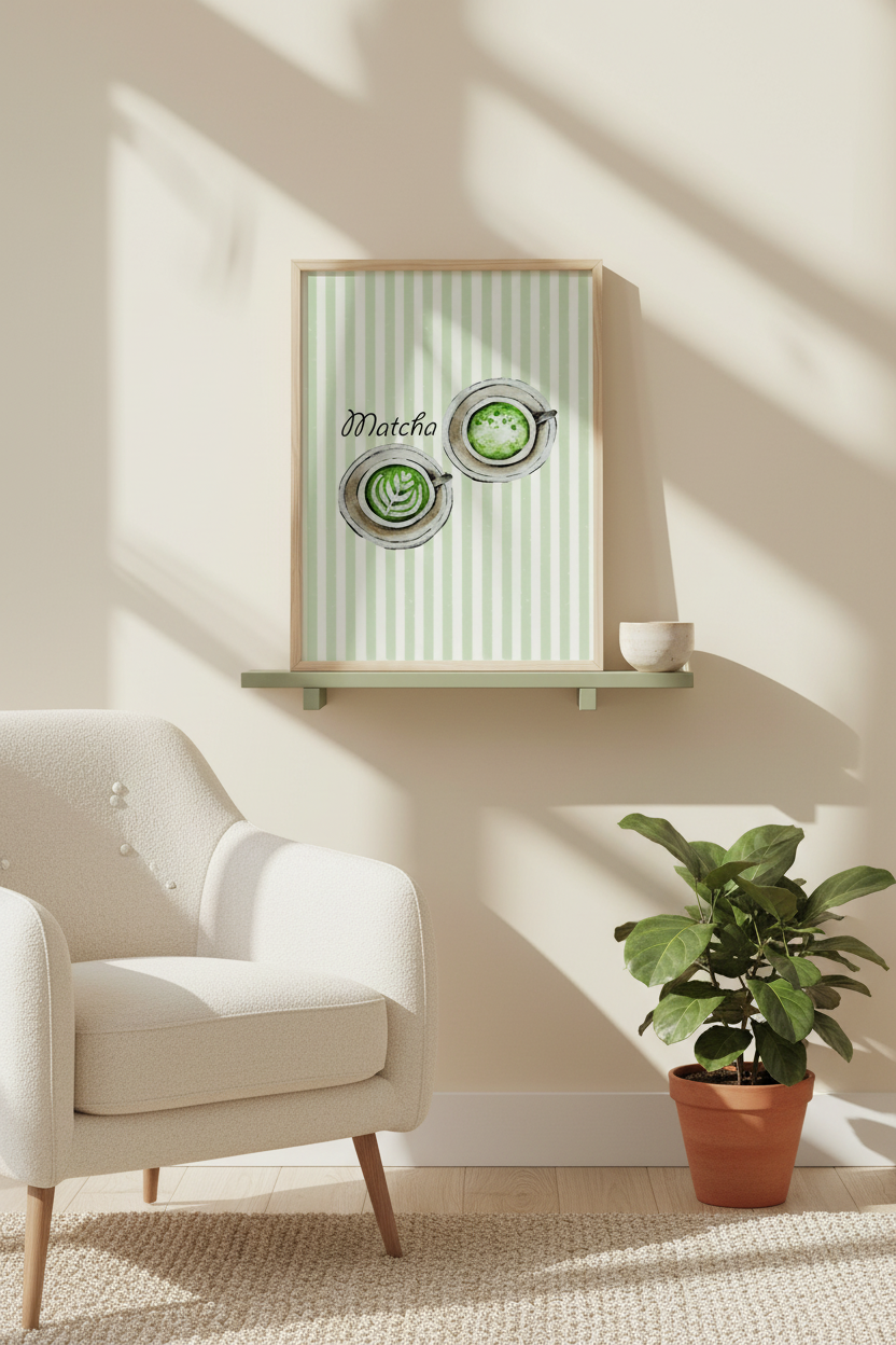 A framed wall art print featuring green striped background, two illustrated matcha cups, and the word 'Matcha,' displayed on a light green shelf in a styled room with a cream armchair, potted plant, and warm natural shadows.