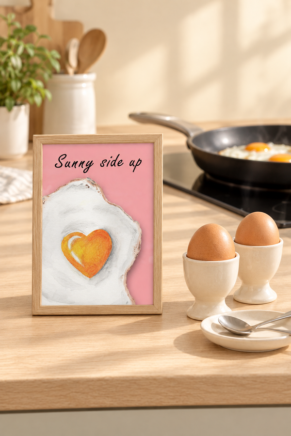 Sunny Side Up A5 print in a light oak frame on a kitchen counter beside cream egg cups and teaspoons, with eggs cooking in a frying pan in the background.
