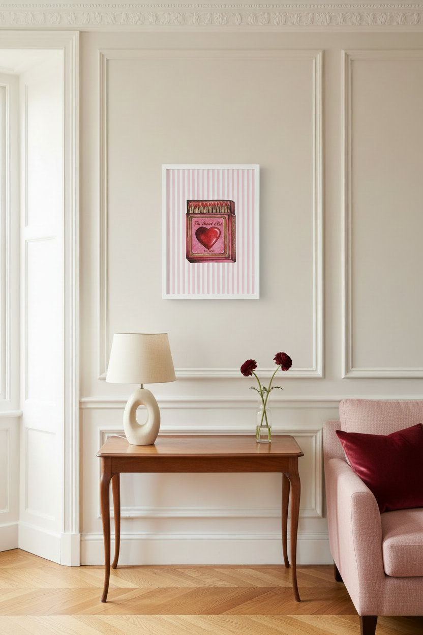 A framed art print featuring a pink and red heart illustration on a striped background, displayed on a beige paneled wall above a wooden console table in a styled living room.
