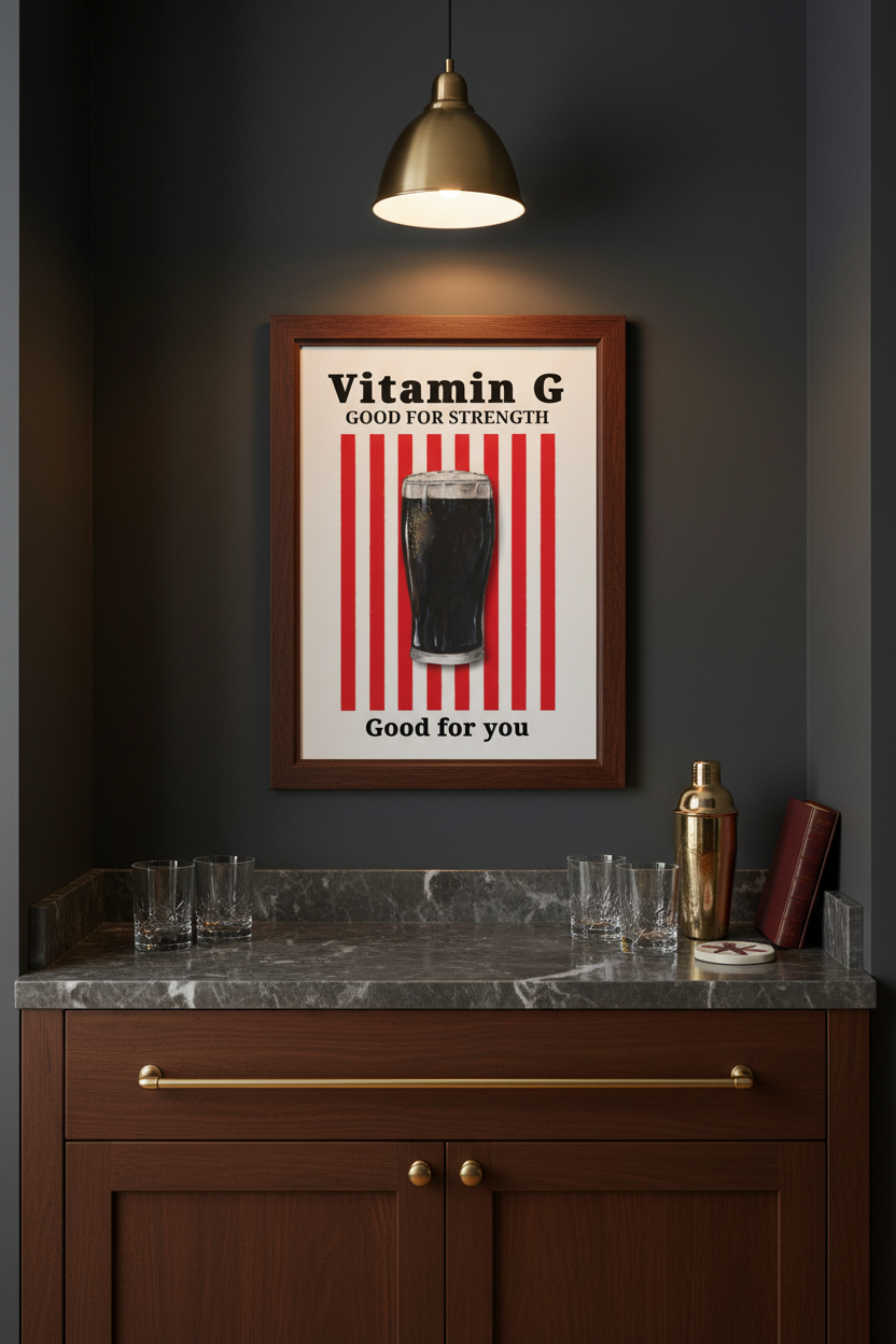 A framed vintage-style poster reading 'Vitamin G Good for Strength' with red vertical stripes and a dark glass illustration, displayed on a dark wall above a bar counter with glasses and bottles.