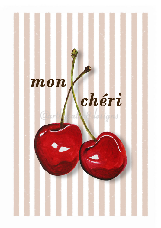 Watermarked - MON CHERI Watercolour Art Print - Brown Stripe
A decorative graphic print featuring two glossy red cherries with green stems on a white background with vertical beige stripes. The words 'mon chéri' are printed in brown script above the cherries, with a faint watermark '@artbycatec8designs' across the center.
