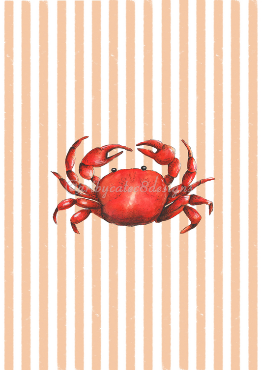 Watermarked - CRAB Watercolour Art Print - Orange Stripe
A watercolour-style red crab centered on a vertical orange and white striped background. A faint watermark reading '@artbycatec8designs' is visible across the crab.