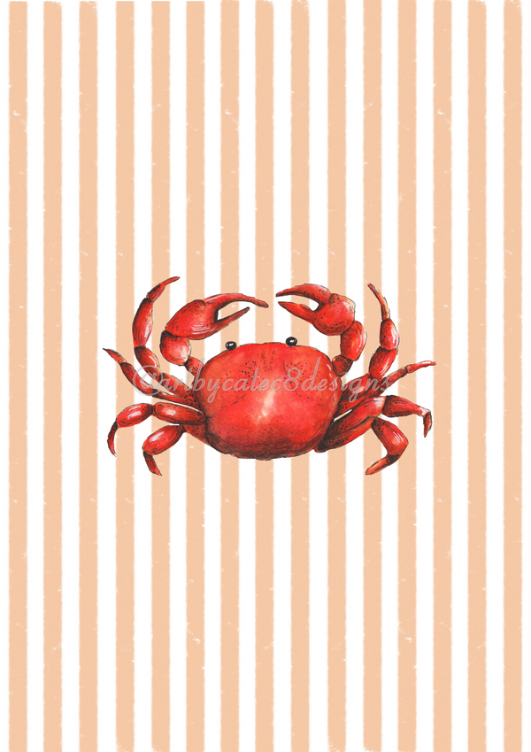 Watermarked - CRAB Watercolour Art Print - Orange Stripe
A watercolour-style red crab centered on a vertical orange and white striped background. A faint watermark reading '@artbycatec8designs' is visible across the crab.