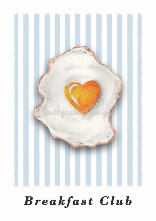 A Watermarked - BREAKFAST CLUB Watercolour Art Print - Blue Stripe
 art print featuring a watercolour fried egg with a heart-shaped yellow yolk in an off-white shell, set against a background of light blue and white vertical stripes. The text 'Breakfast Club' is printed in a dark serif font at the bottom, and a faint watermark '@artbybcalee' is visible across the centre.