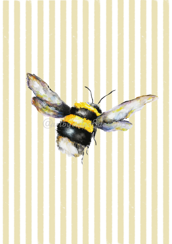 Watermarked - BUMBLEBEE Watercolour Art Print - Yellow Stripe
A watercolour bumblebee centered on a background of vertical cream and pale yellow stripes. The bee has black and yellow stripes with translucent grey wings.